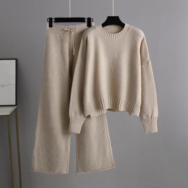Trending Fashion Winter Autumn round neck oversize Pullover Cable sweaters wide leg pants knitted 2 piece set for women