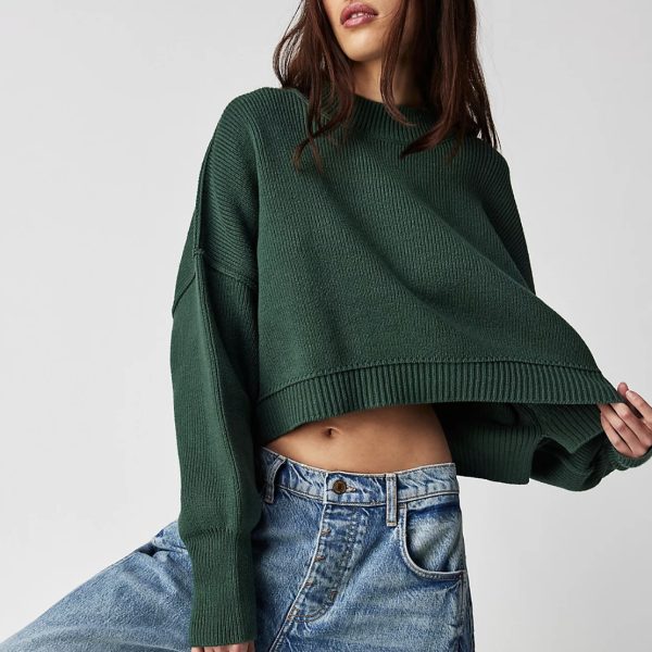 clothing round neck casual knitwear pullover striped oversize long sleeve short cropped sweaters women