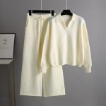 Autumn Winter Solid color Loose Polo Collar Sweater Wide Leg Pants Temperament Women's 2 piece knitted Set