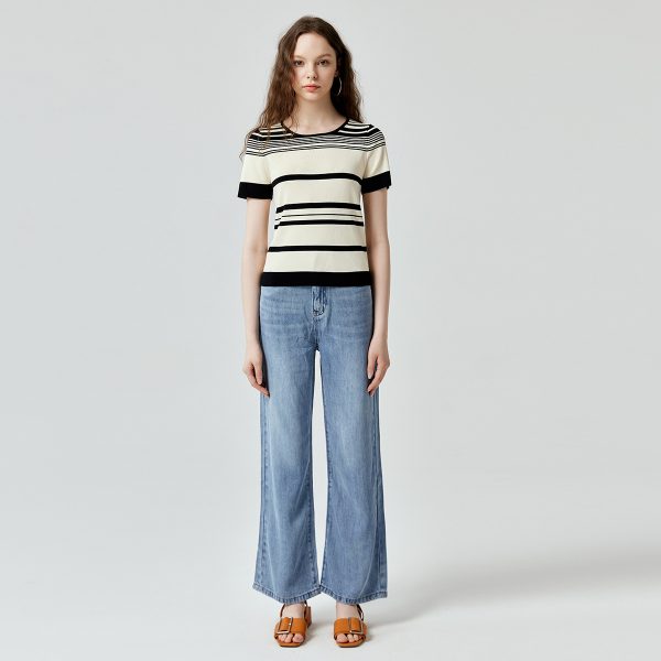 High quality casual color blocking thin knitwear striped jumper mujer short sleeve o-neck summer knitted sweaters