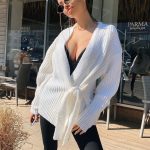 Fall winter v neck lace up knitwear thicken pure color oversize cardigans women sweaters coat