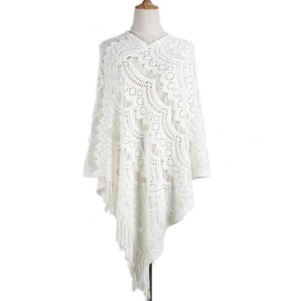 New Arrival Mid-length crocheted hollow out irregular tassel capes knitted pullover sweater women's shawl