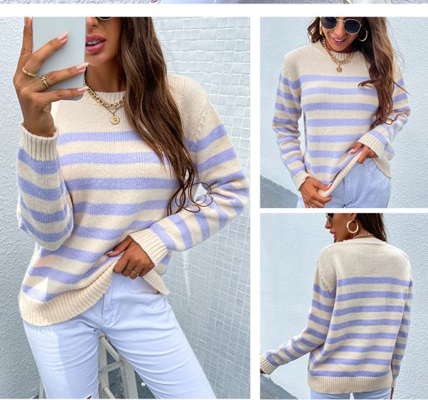Hot sales round neck pullover casual jumpers mujer long sleeve fall winter loose striped sweaters for women