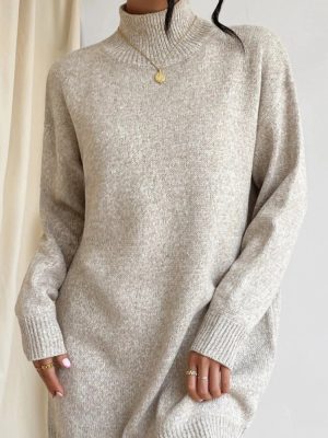 Solid color elegant knitwear women pullover turtleneck knitted casual one piece dress