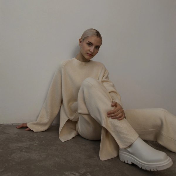 High Quality pure color twinset Oversize knitwear women casual side split knitted 2 piece matching outfits