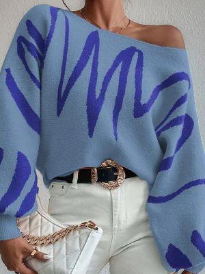 Autumn winter lantern sleeve jumpers crew neck oversize women off shoulder fashion sweaters