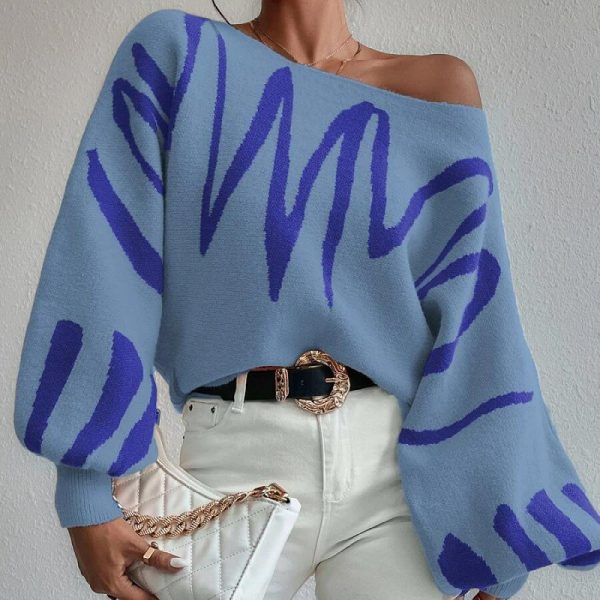 Autumn winter lantern sleeve jumpers crew neck oversize women off shoulder fashion sweaters