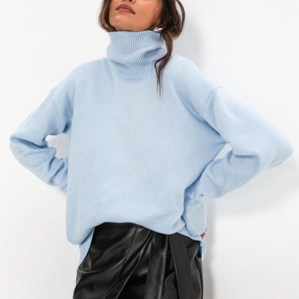 High quality elegant rolled collar knitwear temperament commuter pullover ladies jumpers turtleneck women loose sweaters