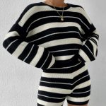 Fall Winter Knit Casual Striped Women Loungewear Pajama Set Knitted Round Neck Pullover Sweater 2 Piece Shorts Set