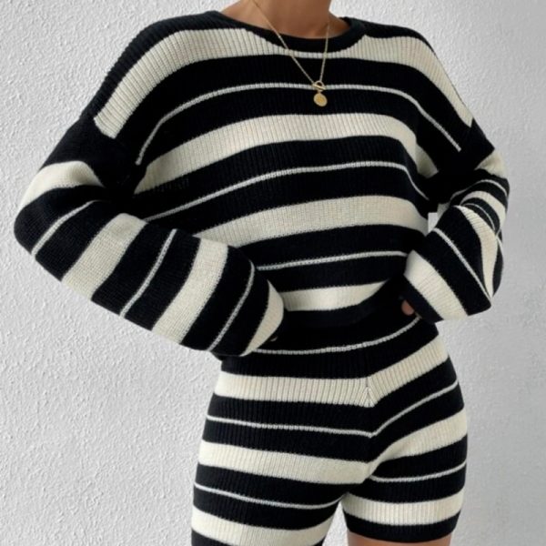 Fall Winter Knit Casual Striped Women Loungewear Pajama Set Knitted Round Neck Pullover Sweater 2 Piece Shorts Set