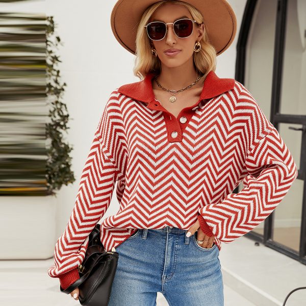 New style fashion turn down collar knitwear lantern sleeve jumper mujer pullover elegant striped sweaters women