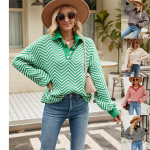 New style fashion turn down collar knitwear lantern sleeve jumper mujer pullover elegant striped sweaters women