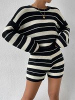 Fall Winter Knit Casual Striped Women Loungewear Pajama Set Knitted Round Neck Pullover Sweater 2 Piece Shorts Set