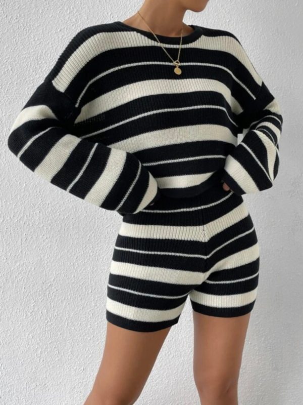 Fall Winter Knit Casual Striped Women Loungewear Pajama Set Knitted Round Neck Pullover Sweater 2 Piece Shorts Set