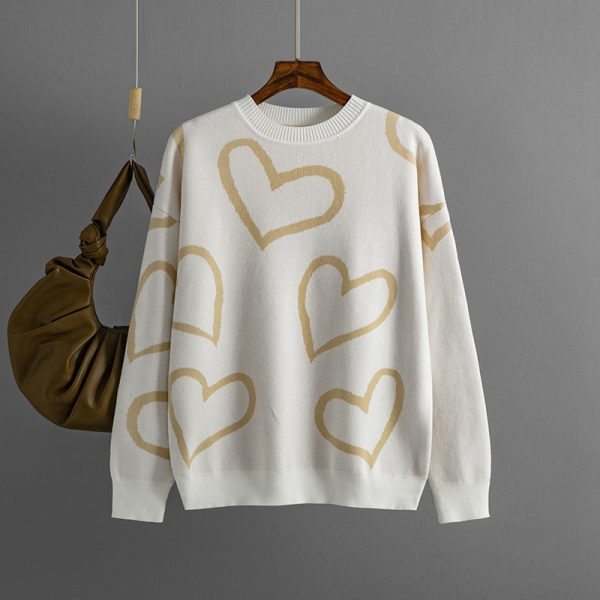 Hot selling Casual Valentine's Day Long Sleeve Knitwear Color Blocking Knitted Loose Heart Pullover Women Sweater