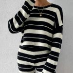 Fall Winter Knit Casual Striped Women Loungewear Pajama Set Knitted Round Neck Pullover Sweater 2 Piece Shorts Set