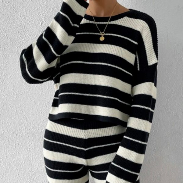 Fall Winter Knit Casual Striped Women Loungewear Pajama Set Knitted Round Neck Pullover Sweater 2 Piece Shorts Set
