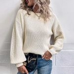 round neck solid color knitwear women lantern sleeve casual pullover sweaters
