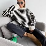 dropped shoulder jumpers crew neck oversize striped elegant pullover sweaters women