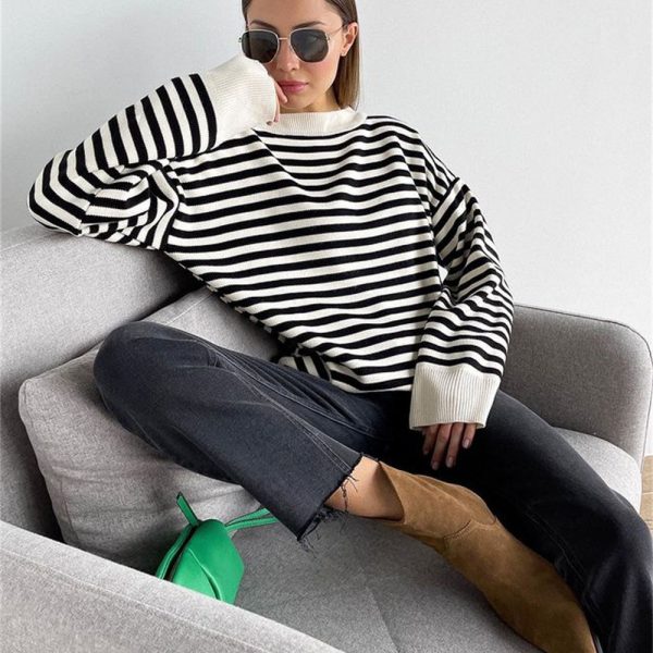dropped shoulder jumpers crew neck oversize striped elegant pullover sweaters women