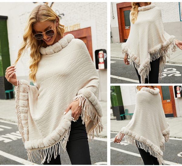 New Design Faux Fur Lined Collar Pullover Loose Sweater Poncho Oversize solid color warm tippet For Women