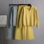 Autumn Winter Solid color Loose Polo Collar Sweater Wide Leg Pants Temperament Women's 2 piece knitted Set