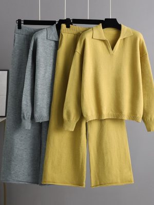 Autumn Winter Solid color Loose Polo Collar Sweater Wide Leg Pants Temperament Women's 2 piece knitted Set