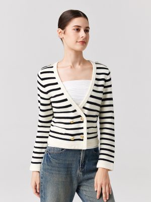 Knitwear Black white striped Merino wool elegant sweater coat Double Breasted gold cardigans women