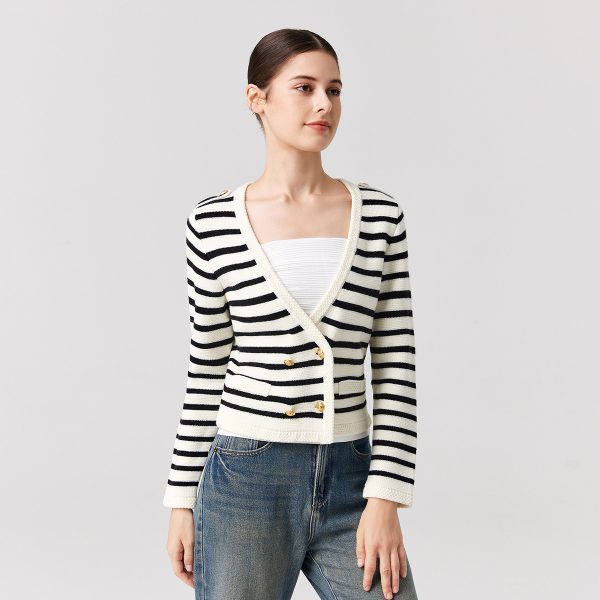 Knitwear Black white striped Merino wool elegant sweater coat Double Breasted gold cardigans women