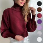 Hot selling women winter solid color puffy sleeve turtleneck fashion short knitwear casual sweater