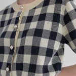 Trending Summer British style short sleeve cardigans women's thin round neck checkerboard knitted top