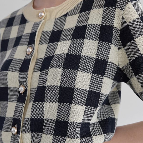 Trending Summer British style short sleeve cardigans women's thin round neck checkerboard knitted top