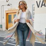 Hooded shawl women cappa autumn winter fur collar sweaters coats striped knitted fringe cape