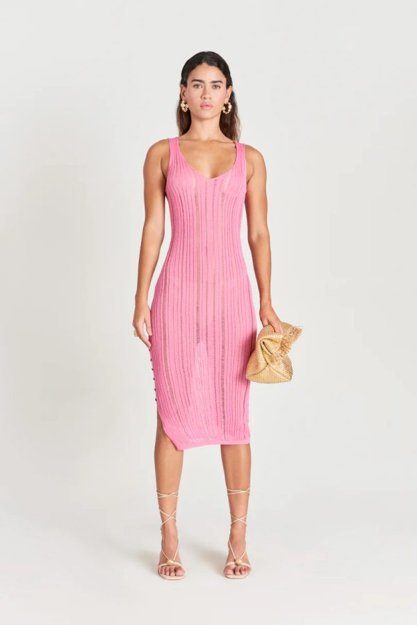 2026 Women clothing V neck knitted sexy hollow out one piece temperament slim waist side slit midi dress