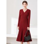 women fashion long sleeve knitwear slim fit elegant pullover v neck sweater knit midi dress