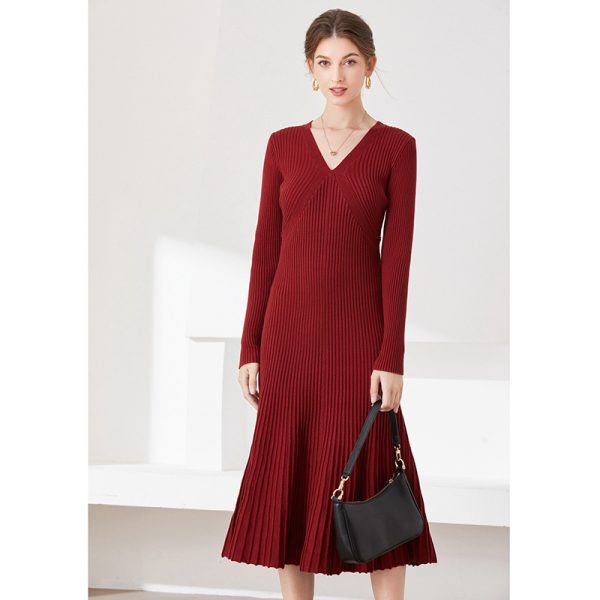 women fashion long sleeve knitwear slim fit elegant pullover v neck sweater knit midi dress