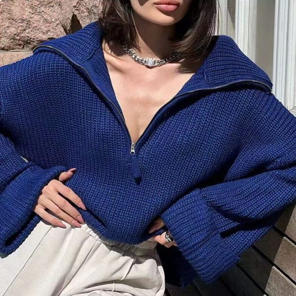 Trendy hot sales pure color lapel collar solid color thick half zipper women casual sweaters
