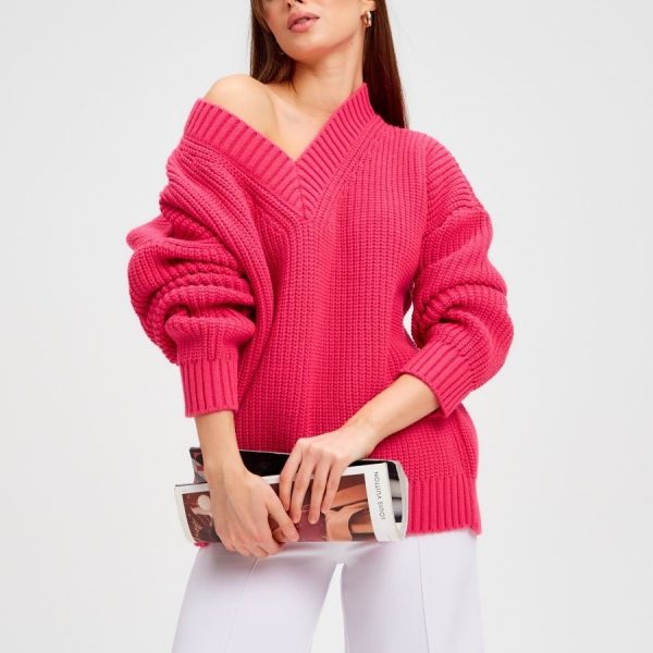 High quality Jumper Knitted Pure color thicken Alpaca Wool v Neck Merino Wool Cashmere Sweater Women
