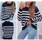Hot sales round neck pullover casual jumpers mujer long sleeve fall winter loose striped sweaters for women