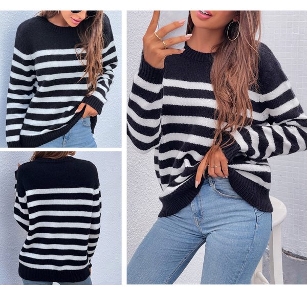 Hot sales round neck pullover casual jumpers mujer long sleeve fall winter loose striped sweaters for women