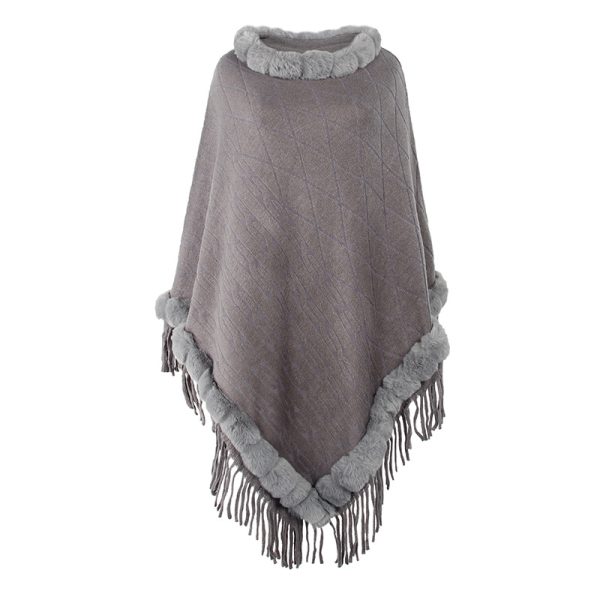 New Design Faux Fur Lined Collar Pullover Loose Sweater Poncho Oversize solid color warm tippet For Women