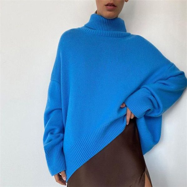casual knitwear solid color turtleneck long women oversize elegant sweaters