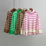 New style rolled neck knitwear oversize side split striped jumpers long sleeve women turtleneck sweaters