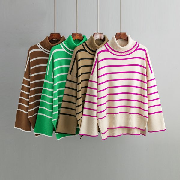 New style rolled neck knitwear oversize side split striped jumpers long sleeve women turtleneck sweaters