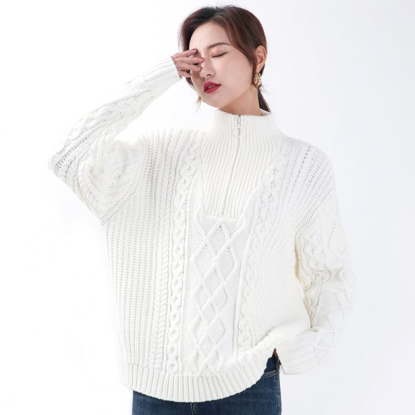 High quality thick twist solid color warm fleece tops elegant half zipper turtleneck pullover sweaters for women