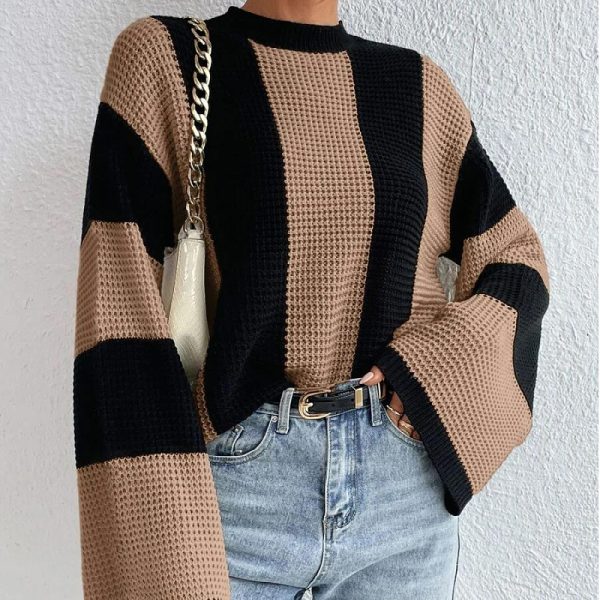 knitwear women fashion autumn winter round neck oversize pullover jumpers striped knitted casual sweaters