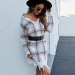 Knitwear Women V-neck tassels casual sweater long sleeve pullover loose plaid knit dress