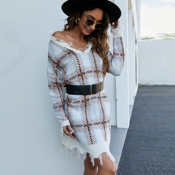 Knitwear Women V-neck tassels casual sweater long sleeve pullover loose plaid knit dress