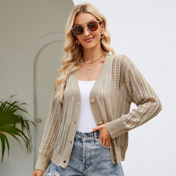 women hollow out sweater v neck Long Sleeve knitwear winter solid color knitted elegant cardigan