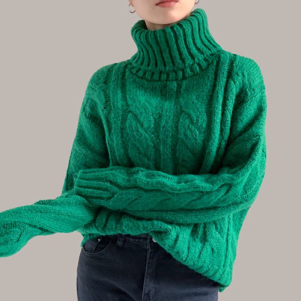 Senior sense retro green twisted lazy wind knitted jumper thicken loose heavyweight outerwear turtleneck sweaters women